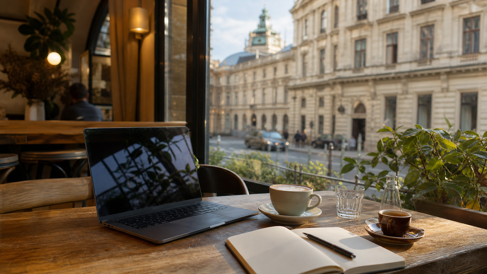 Laptop, notebook, and coffee on a cafe table in a warm Viennese cafe